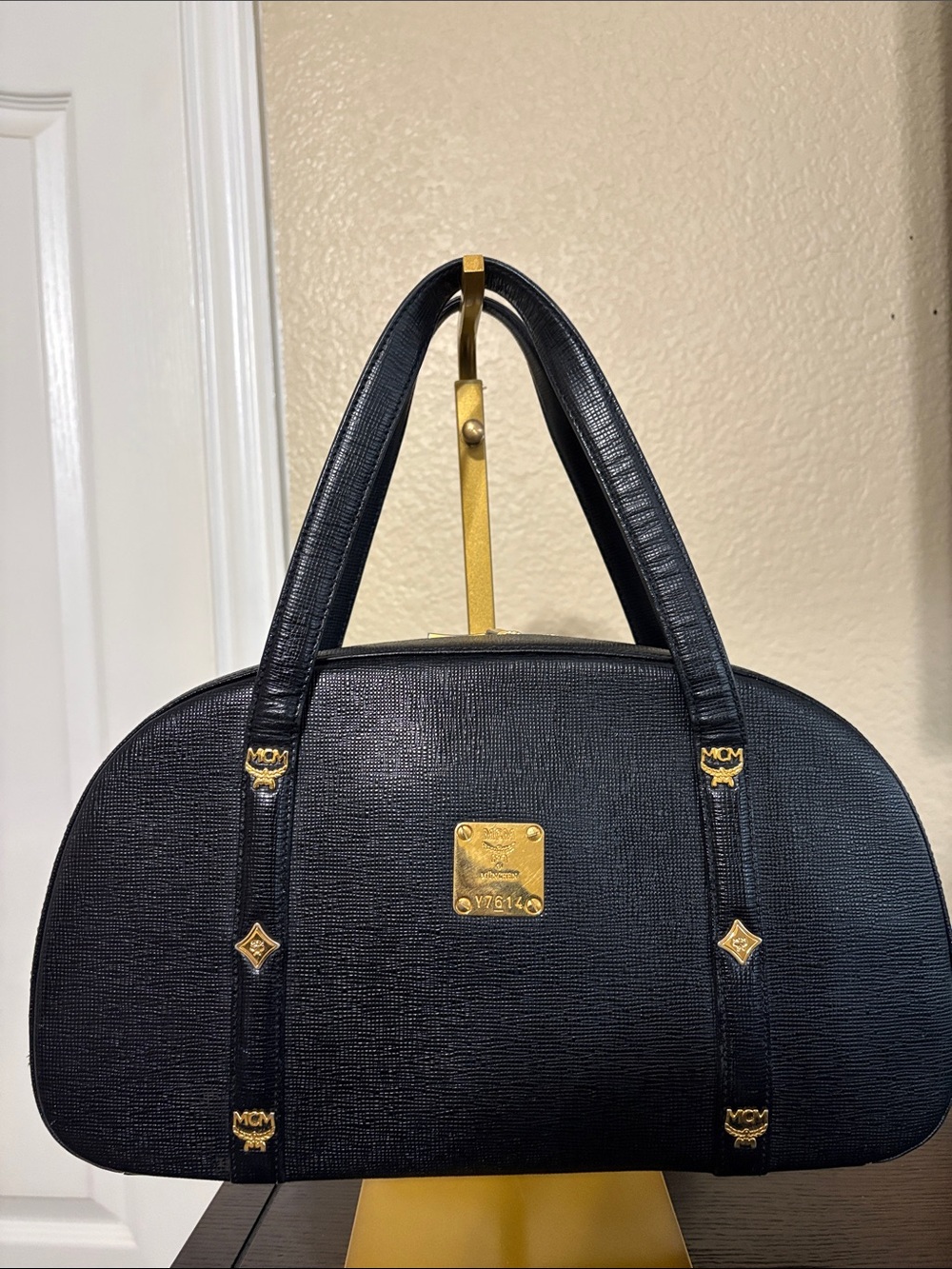 MCM Black Textured Leather Satchel with Gold Plaque